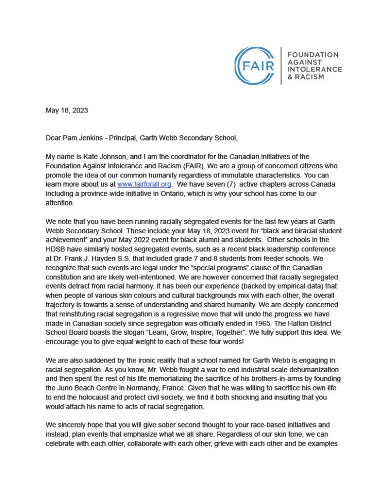 Letter concerning racially segregated events in Ontario schools